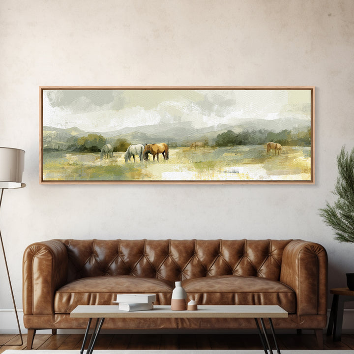Rolling Pasture with Grazing Horses at Sunrise Canvas Print, Country Art, Landscape Wall Art, Farmhouse Decor, Country, COU-3x1-89