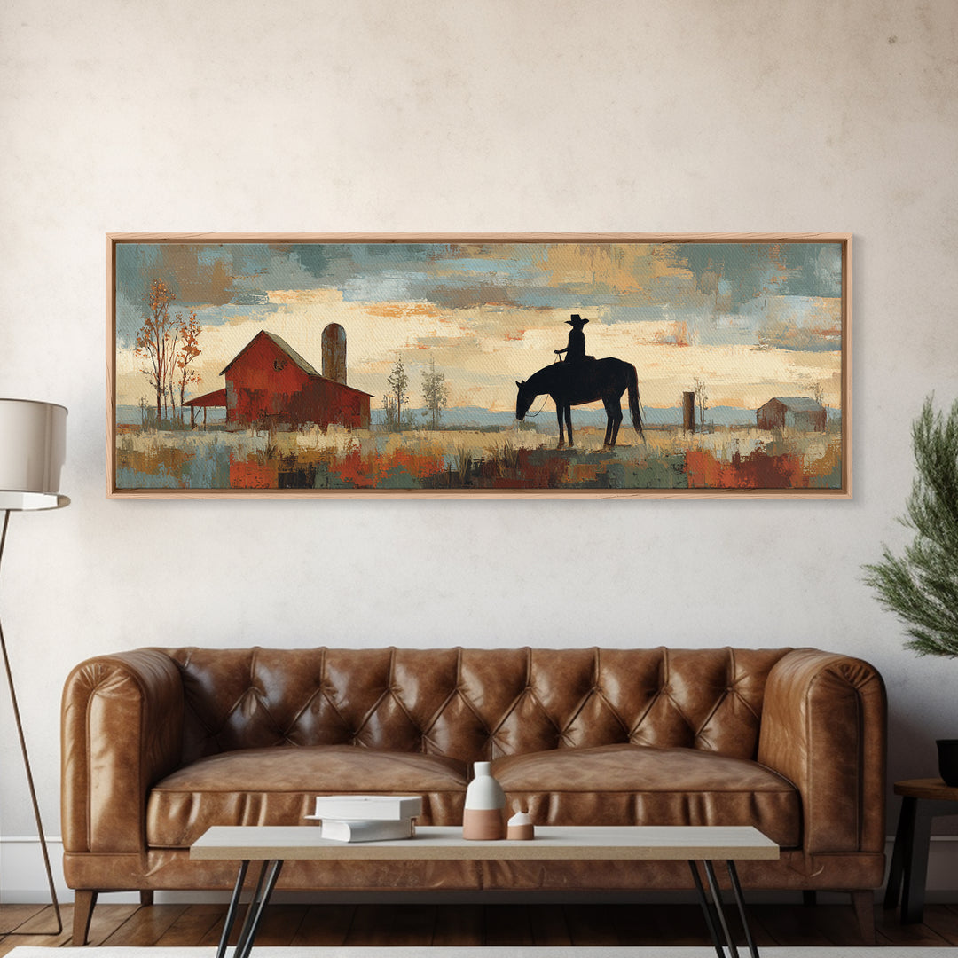 Horse and Rider Silhouette at Dusk Framed Canvas Print, Country Art, Digital Wall Art, Farmhouse Decor, Fine Art, Country, COU-3x1-9