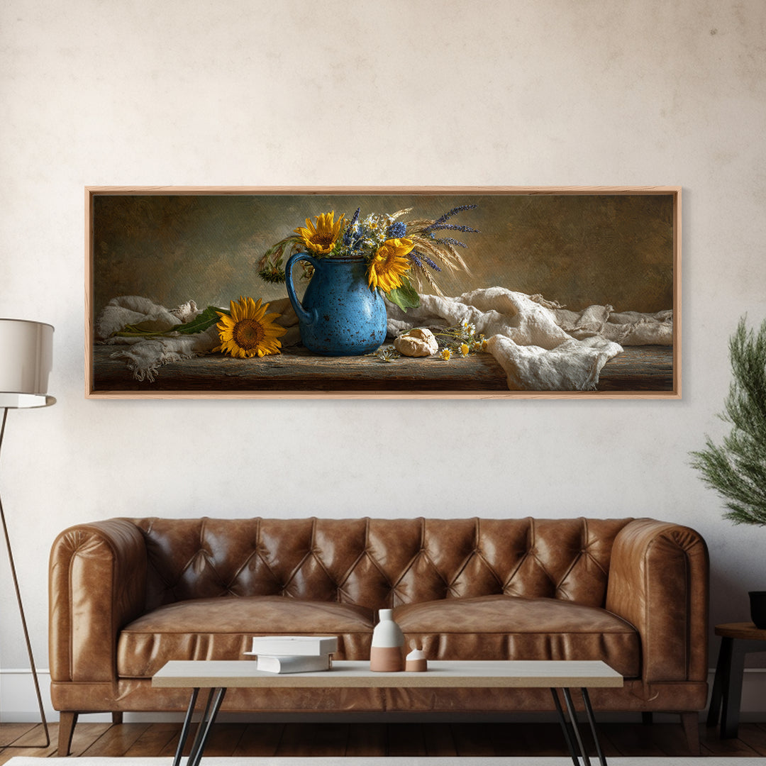 Sunflowers in a Blue Enamel Pitcher Canvas Print, Country Art, Wall Decor, Farmhouse Decor, Fine Art, Country, Wall Art, COU-3x1-96