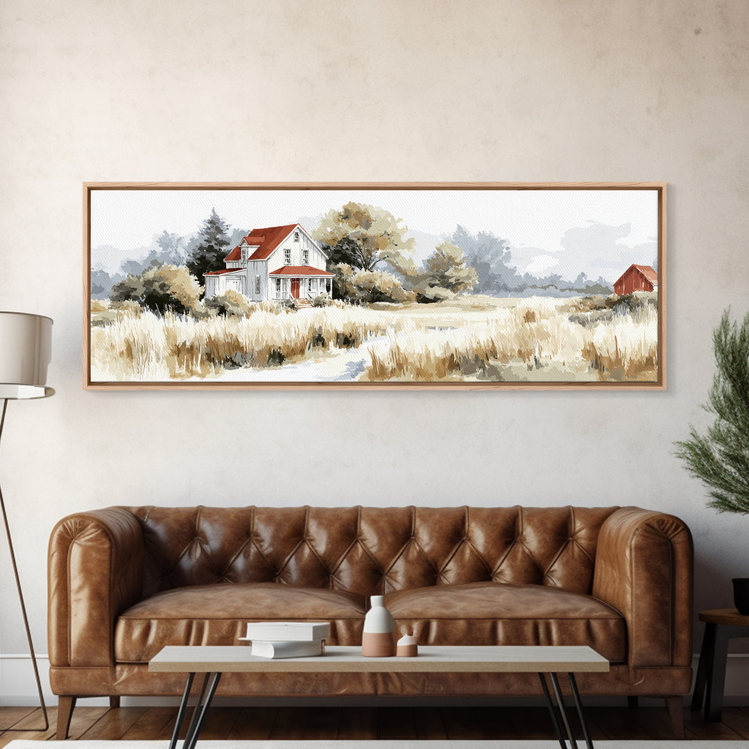 White Farmhouse Surrounded by Tall Grass Canvas Print, Country Art, Floral Wall Art, Farmhouse Decor, Fine Art, Country, COU-3x1-98