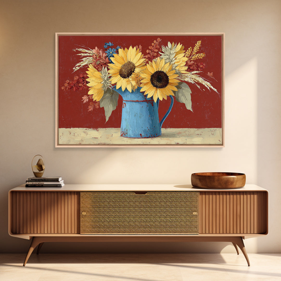 Sunflowers in a Blue Enamel Pitcher Canvas Print, Country Art, Digital Print, Farmhouse Decor, Oil Painting, Country, COU-3x2-12