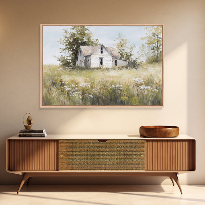 White Farmhouse Surrounded by Tall Grass Framed Canvas Print, Country Art, Printable Wall Art, Farmhouse Decor, Country, COU-3x2-14