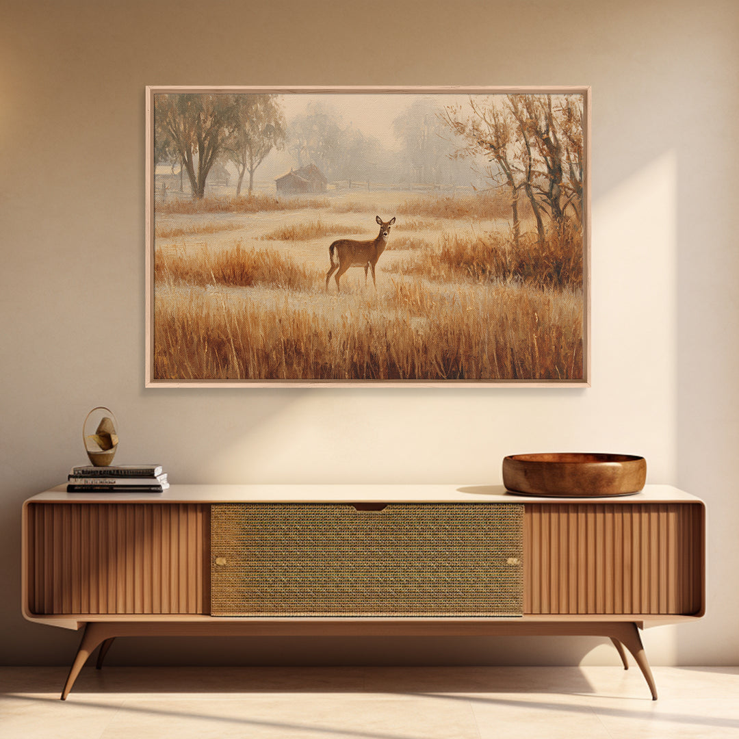 Deer Crossing a Misty Morning Field Framed Canvas Print, Country Art, Oil Painting, Farmhouse Decor, Fine Art, Country, COU-3x2-15