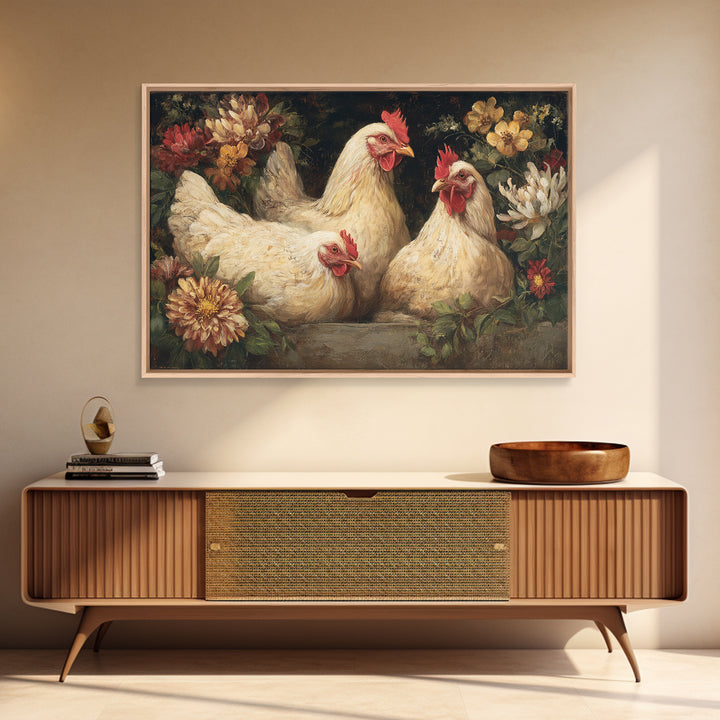 Chickens Pecking Near Garden Flowers Framed Canvas Print, Country Art, Farmhouse Decor, Watercolor Art, Country, COU-3x2-18
