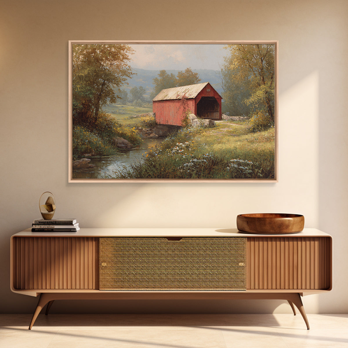 Covered Bridge over a Quiet Creek Framed Canvas Print, Country Art, Landscape Painting, Farmhouse Decor, Fine Art, Country, COU-3x2-19
