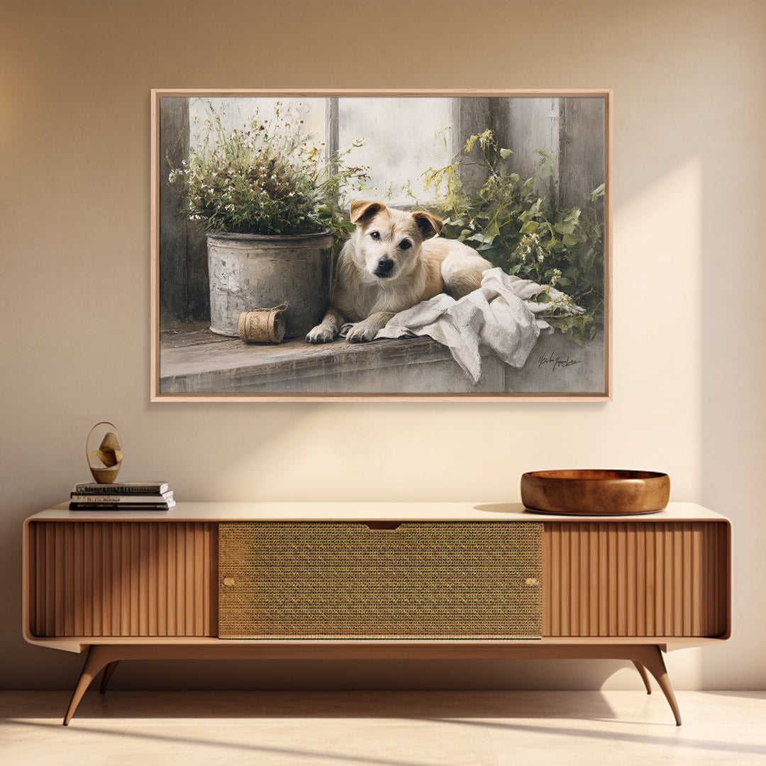 Dog Resting Beside a Porch Flower Pot Canvas Print, Country Art, Digital Wall Art, Farmhouse Decor, Fine Art, Country, COU-3x2-26