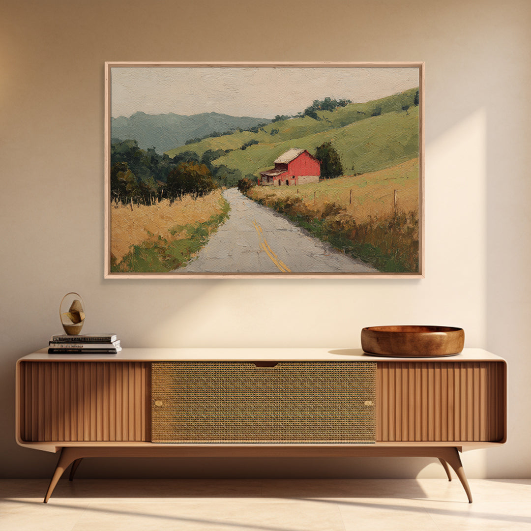 Country Road Disappearing into Green Hills Framed Canvas Print, Country Art, Farmhouse Wall Art, Farmhouse Decor, Country, COU-3x2-35