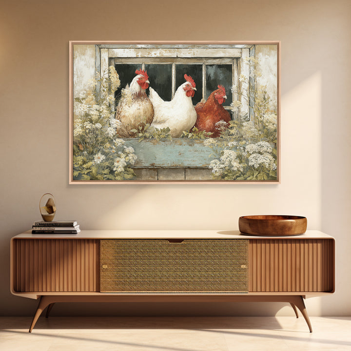 Chickens Pecking Near Garden Flowers Canvas Print, Country Art, Printable Art, Farmhouse Decor, Watercolor Art, Country, COU-3x2-42