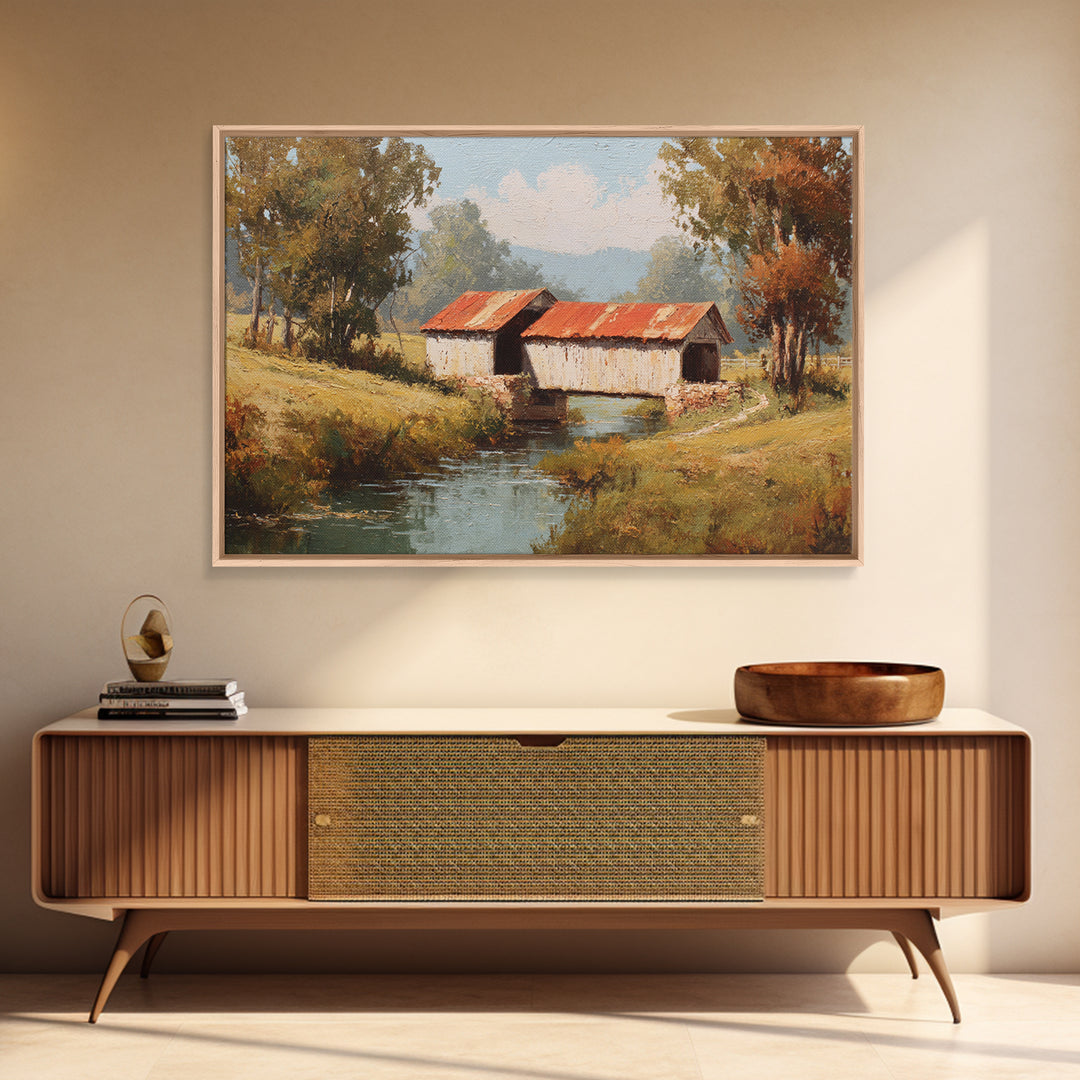 Covered Bridge over a Quiet Creek Canvas Print, Country Art, Landscape Wall Art, Farmhouse Decor, Abstract Art, Country, COU-3x2-43