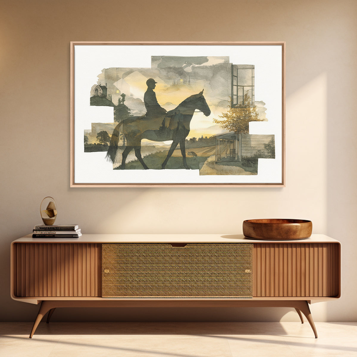 Horse and Rider Silhouette at Dusk Framed Canvas Print, Country Art, Landscape Painting, Farmhouse Decor, Fine Art, Country, COU-3x2-45