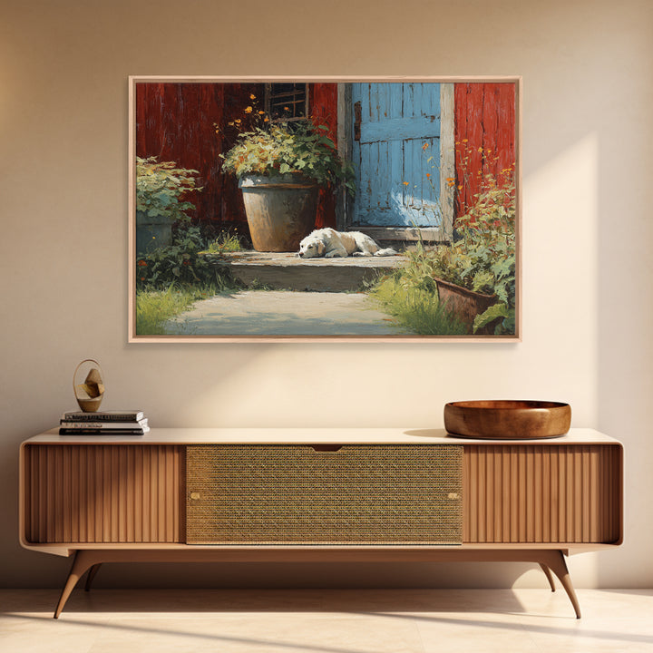 Dog Resting Beside a Porch Flower Pot Framed Canvas Print, Country Art, Farmhouse Decor, Fine Art, Country, Gallery Wall Art, COU-3x2-50