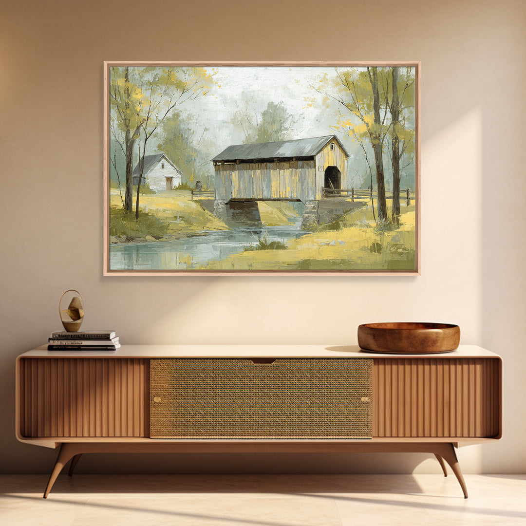 Covered Bridge over a Quiet Creek Canvas Print, Country Art, Textured Painting, Farmhouse Decor, Watercolor Art, Country, COU-3x2-67