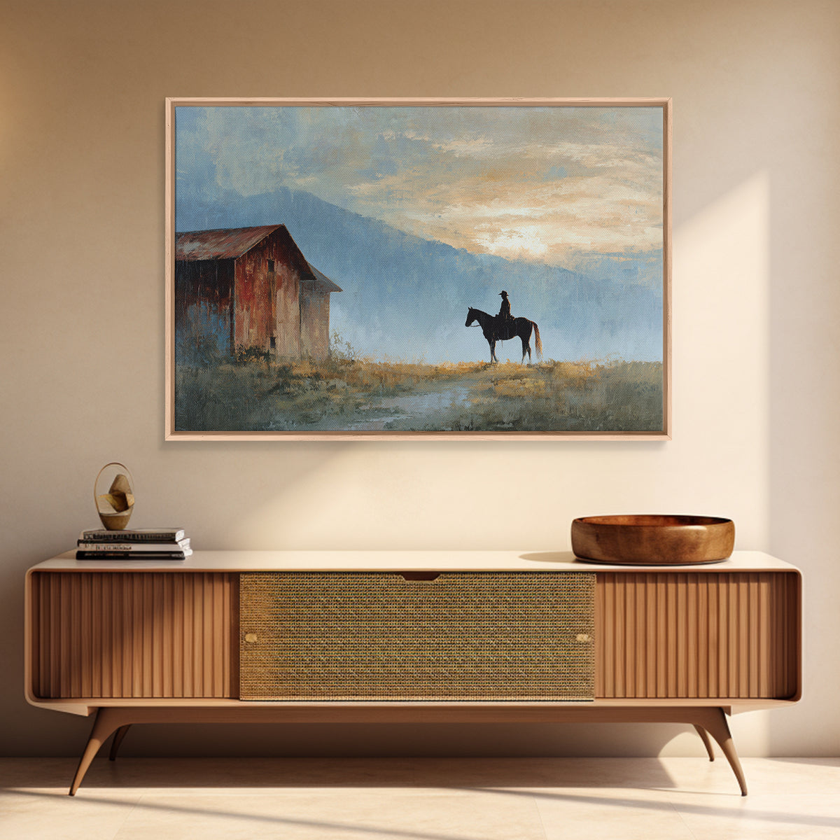 Horse and Rider Silhouette at Dusk Framed Canvas Print, Country Art, Landscape Painting, Farmhouse Decor, Fine Art, Country, COU-3x2-69