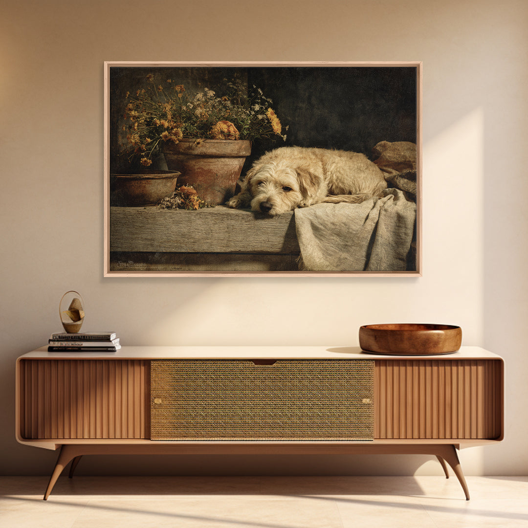 Dog Resting Beside a Porch Flower Pot Framed Canvas Print, Country Art, Farmhouse Decor, Fine Art, Country, Gallery Wall Art, COU-3x2-74