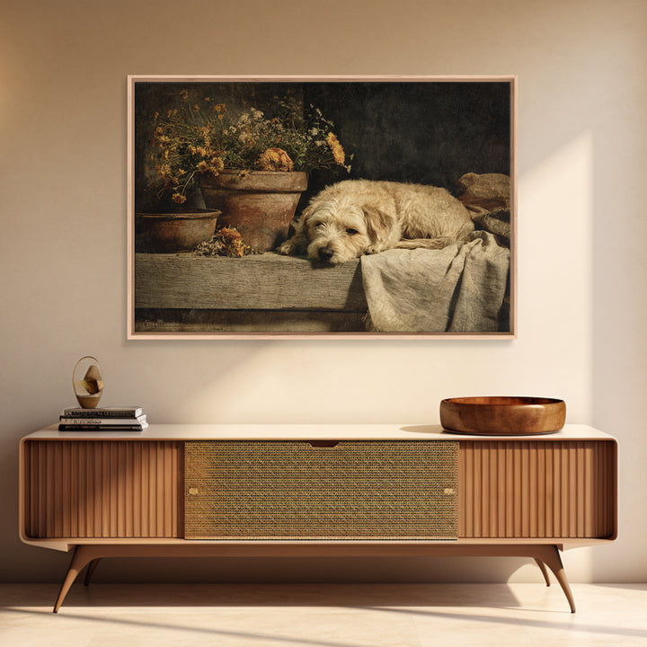 Dog Resting Beside a Porch Flower Pot Framed Canvas Print, Country Art, Farmhouse Decor, Fine Art, Country, Gallery Wall Art, COU-3x2-74