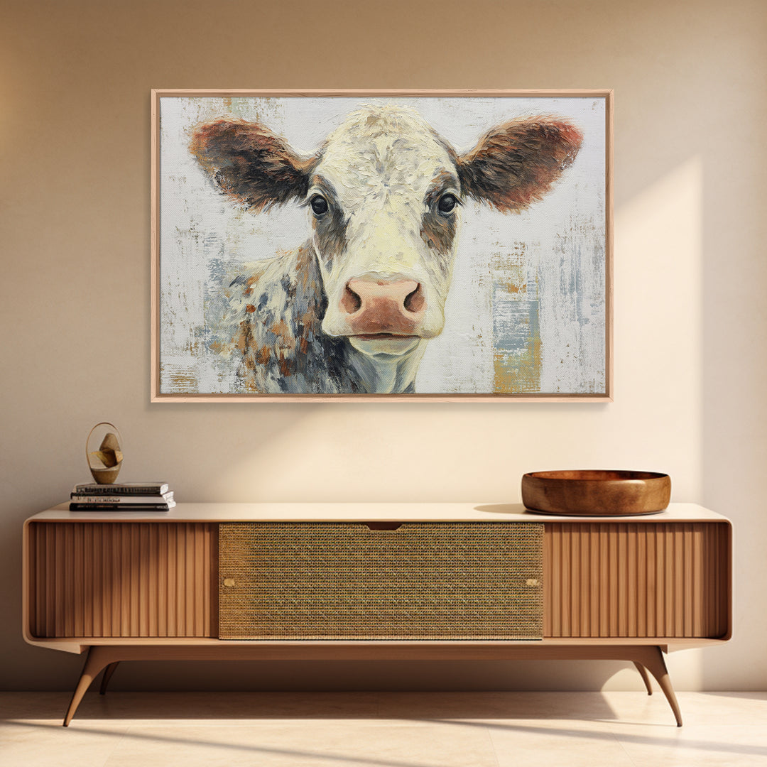 Cow Portrait with Gentle Farmhouse Personality Framed Canvas Print, Country Art, Large Wall Art, Farmhouse Decor, Country, COU-3x2-8
