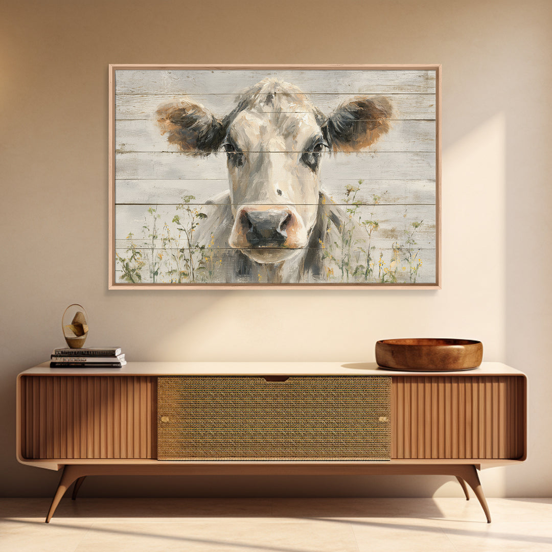 Cow Portrait with Gentle Farmhouse Personality Framed Canvas Print, Country Art, Fine Art Print, Farmhouse Decor, Country, COU-3x2-80