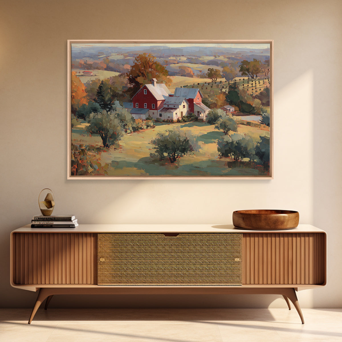 Apple Orchard with Warm Autumn Light Framed Canvas Print, Country Art, Landscape Painting, Farmhouse Decor, Oil Painting, COU-3x2-82