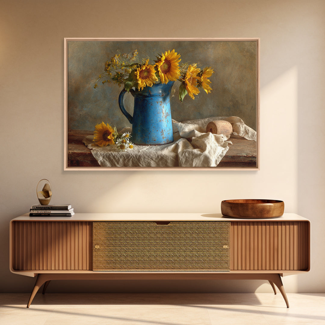Sunflowers in a Blue Enamel Pitcher Canvas Print, Country Art, Statement Artwork, Farmhouse Decor, Fine Art, Country, COU-3x2-84