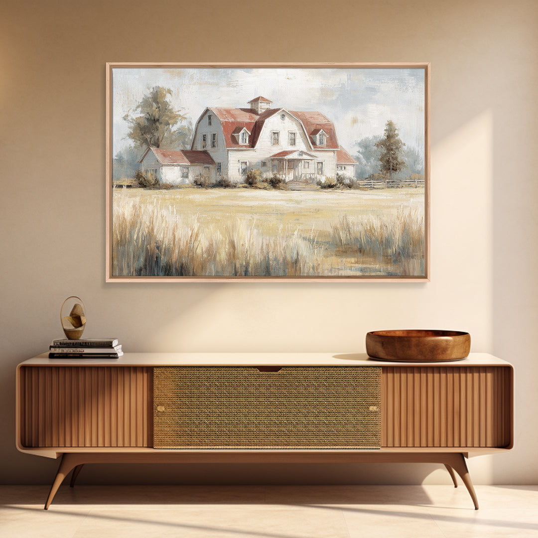 White Farmhouse Surrounded by Tall Grass Framed Canvas Print, Country Art, Watercolor Painting, Farmhouse Decor, Country, COU-3x2-86