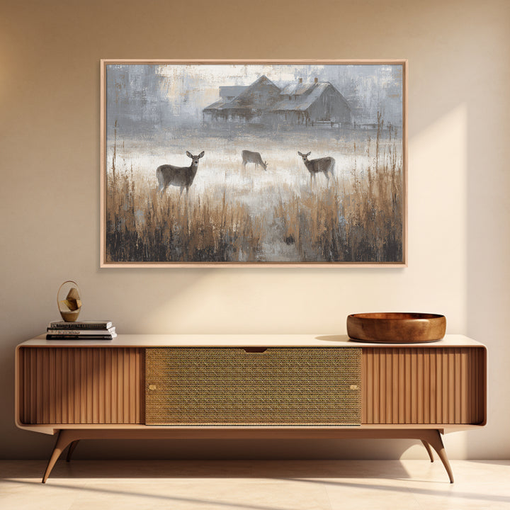Deer Crossing a Misty Morning Field Framed Canvas Print, Country Art, Modern Decor, Farmhouse Decor, Fine Art, Country, COU-3x2-87