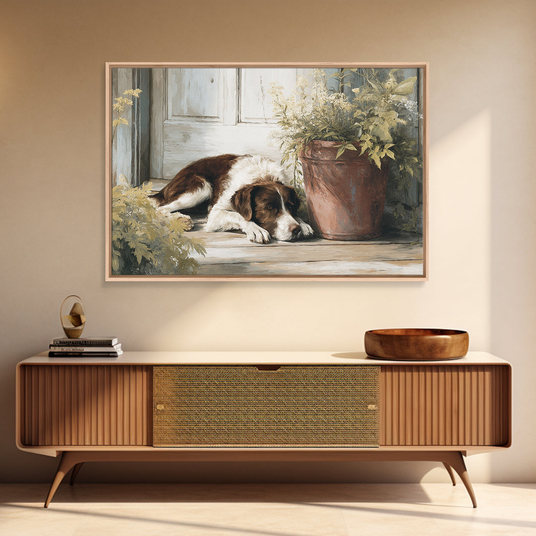 Dog Resting Beside a Porch Flower Pot Canvas Print, Country Art, Digital Art Prints, Farmhouse Decor, Oil Painting, Country, COU-3x2-98