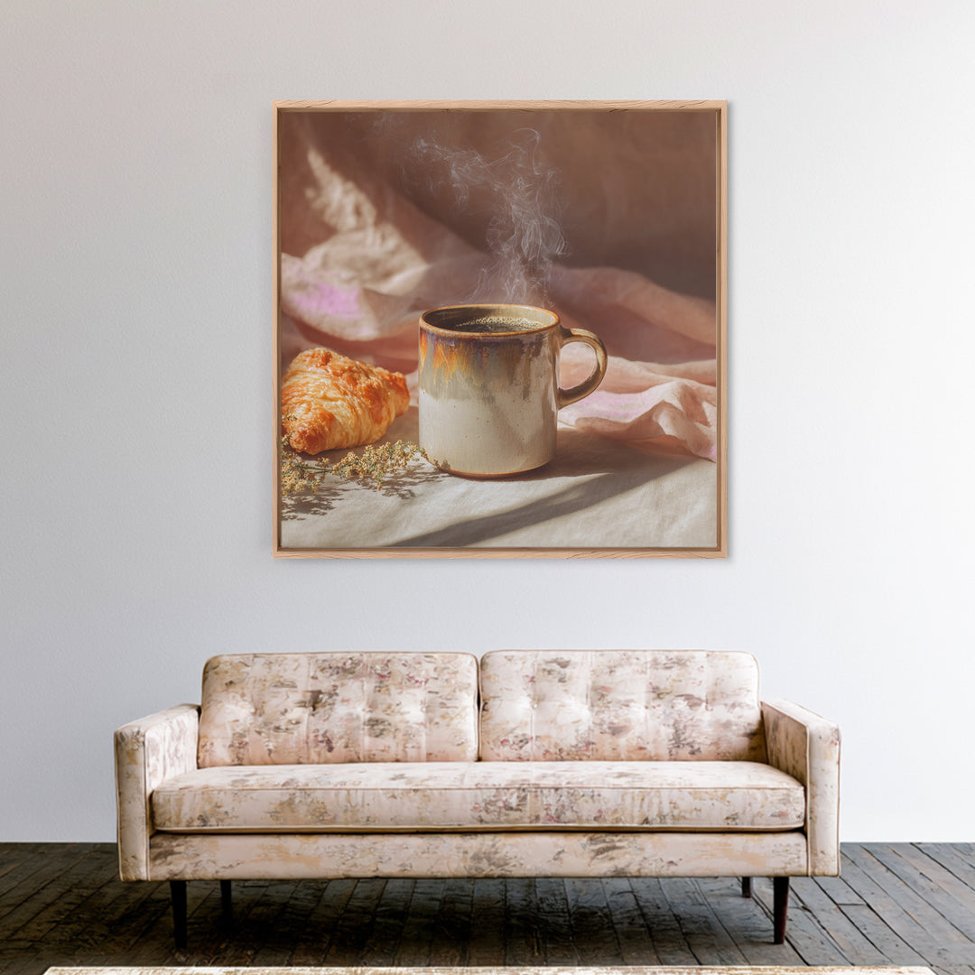 Espresso Cup with Rising Steam and Warm Framed Canvas Print, Coffee Shop Art, Modern Decor, Cafe Decor, Fine Art, Cafe, CSA-1x1-1
