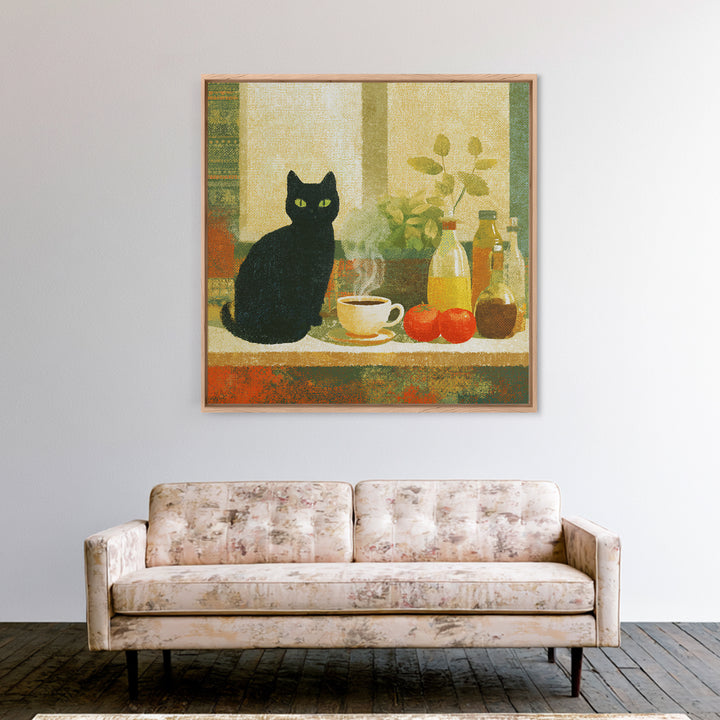 Black Cat Beside a Steaming Cup Canvas Print, Coffee Shop Art, Moody Wall Art, Cafe Decor, Fine Art, Cafe, Luxury Decor, CSA-1x1-14