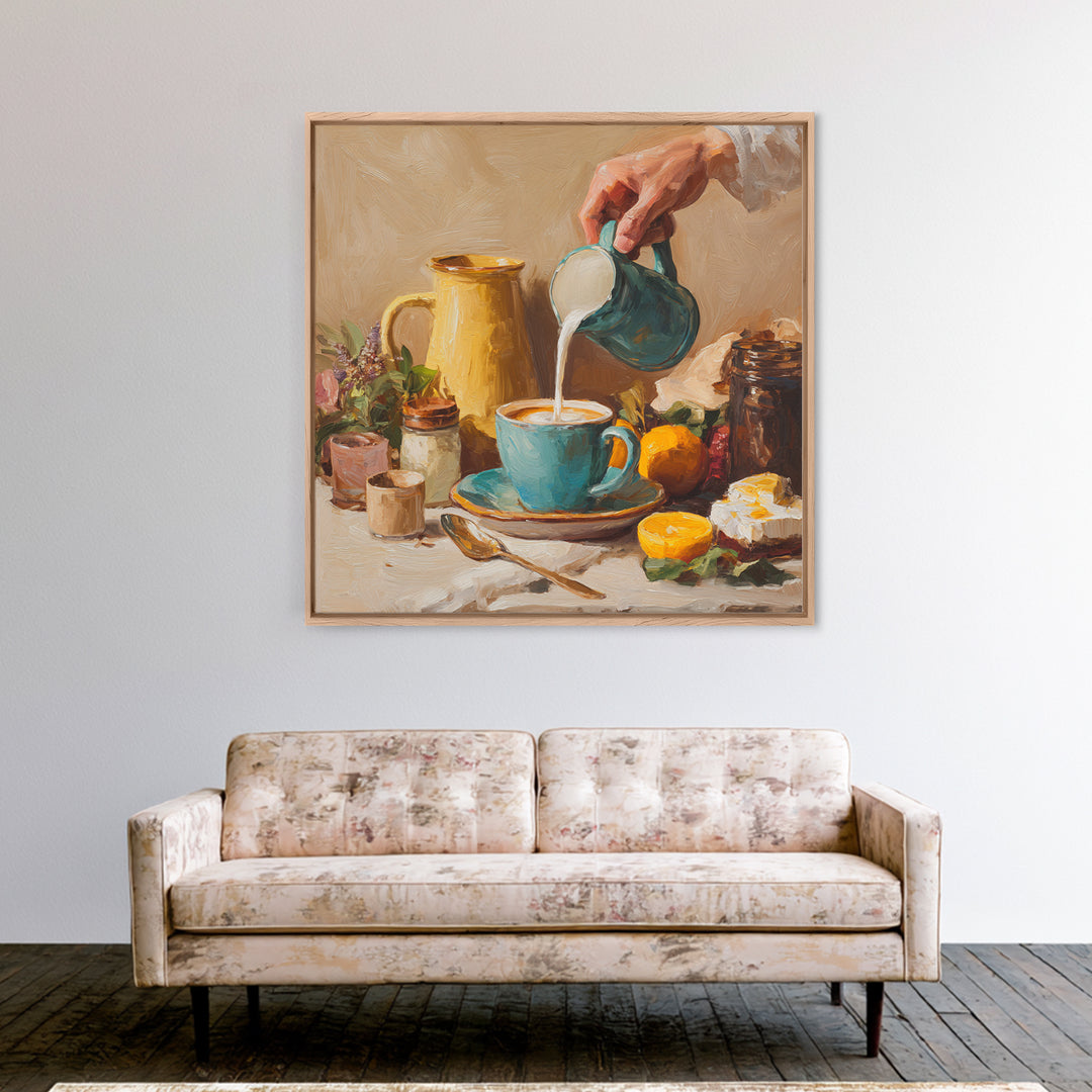 Barista Hands Pouring Milk into Espresso Framed Canvas Print, Coffee Shop Art, Neutral Decor, Cafe Decor, Fine Art, Cafe, CSA-1x1-21