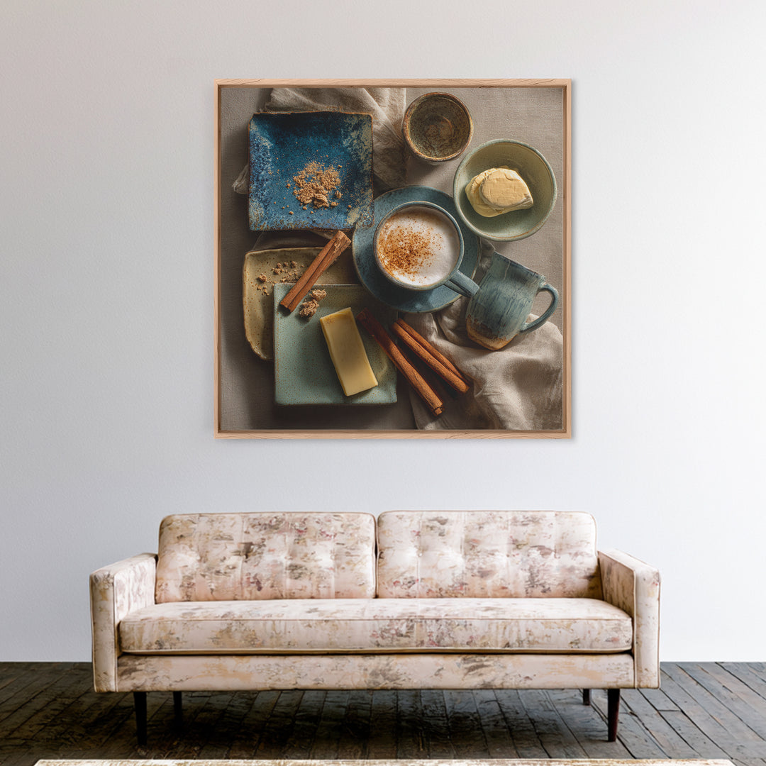 Cinnamon Sticks and Cappuccino Foam Still Life Framed Canvas Print, Coffee Shop Art, Gothic Wall Art, Cafe Decor, CSA-1x1-24