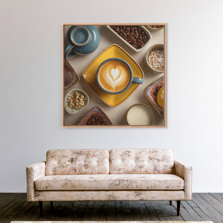 Latte Art Heart Seen from Above Framed Canvas Print, Coffee Shop Art, Digital Wall Art, Cafe Decor, Oil Painting, Cafe, CSA-1x1-28