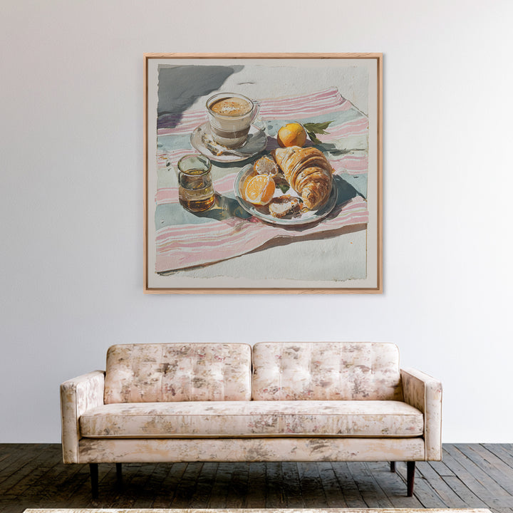 Croissant and Cappuccino on Striped Cloth Framed Canvas Print, Coffee Shop Art, Textured Painting, Cafe Decor, Fine Art, Cafe, CSA-1x1-29