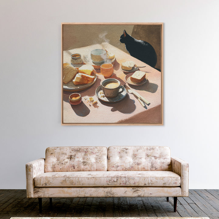 Black Cat Beside a Steaming Cup Framed Canvas Print, Coffee Shop Art, Gallery Decor, Cafe Decor, Fine Art, Cafe, Wall Art, CSA-1x1-38