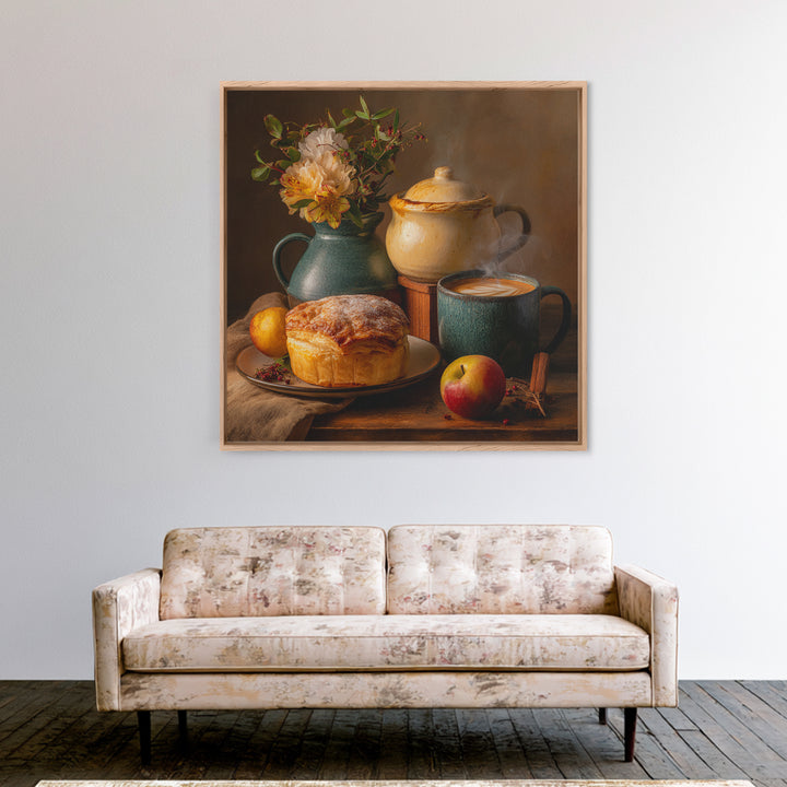 Sunlit Pastry and Coffee Arrangement Framed Canvas Print, Coffee Shop Art, Kitchen Wall Decor, Cafe Decor, Oil Painting, Cafe, CSA-1x1-43
