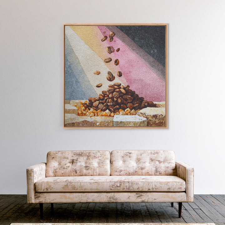 Roasted Beans Falling Through Dark Space Framed Canvas Print, Coffee Shop Art, Kitchen Wall Art, Cafe Decor, Fine Art, Cafe, CSA-1x1-44
