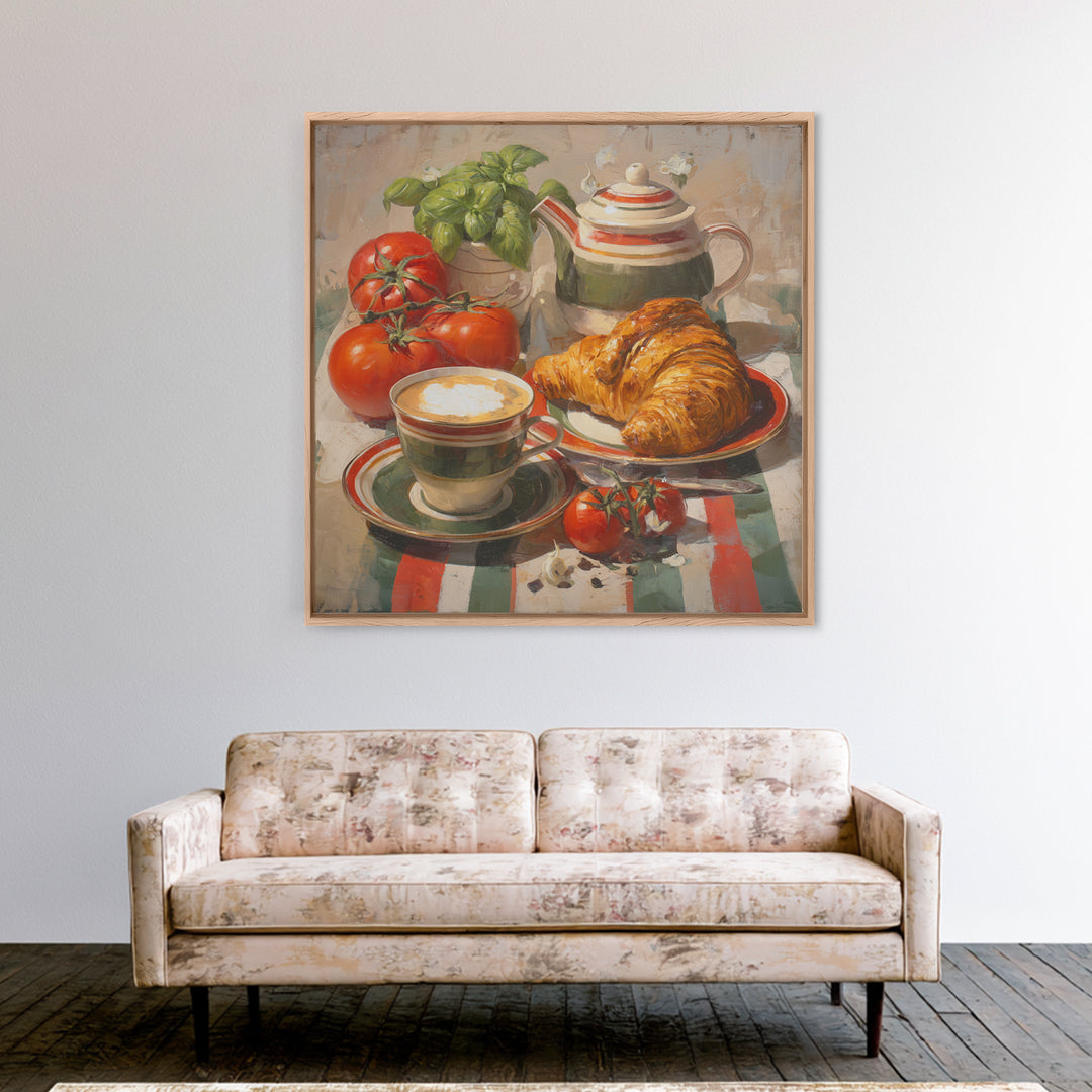 Croissant and Cappuccino on Striped Cloth Canvas Print, Coffee Shop Art, Fine Art Print, Cafe Decor, Fine Art, Cafe, Printable, CSA-1x1-5