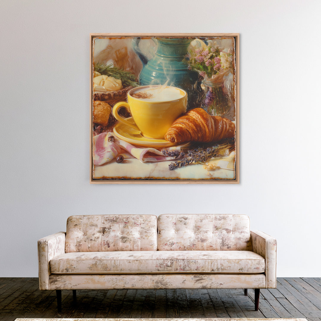 Croissant and Cappuccino on Striped Cloth Framed Canvas Print, Coffee Shop Art, Textured Painting, Cafe Decor, Fine Art, Cafe, CSA-1x1-53