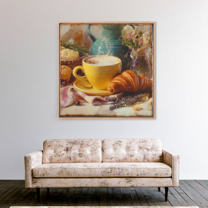 Croissant and Cappuccino on Striped Cloth Framed Canvas Print, Coffee Shop Art, Textured Painting, Cafe Decor, Fine Art, Cafe, CSA-1x1-53
