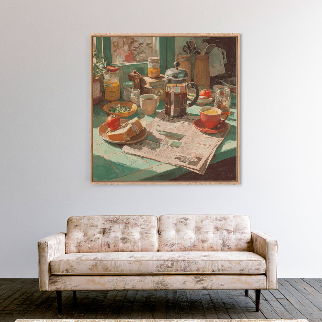 French Press and Morning Newspaper Without Readable Canvas Print, Coffee Shop Art, Coffee Wall Art, Cafe Decor, Cafe, CSA-1x1-58