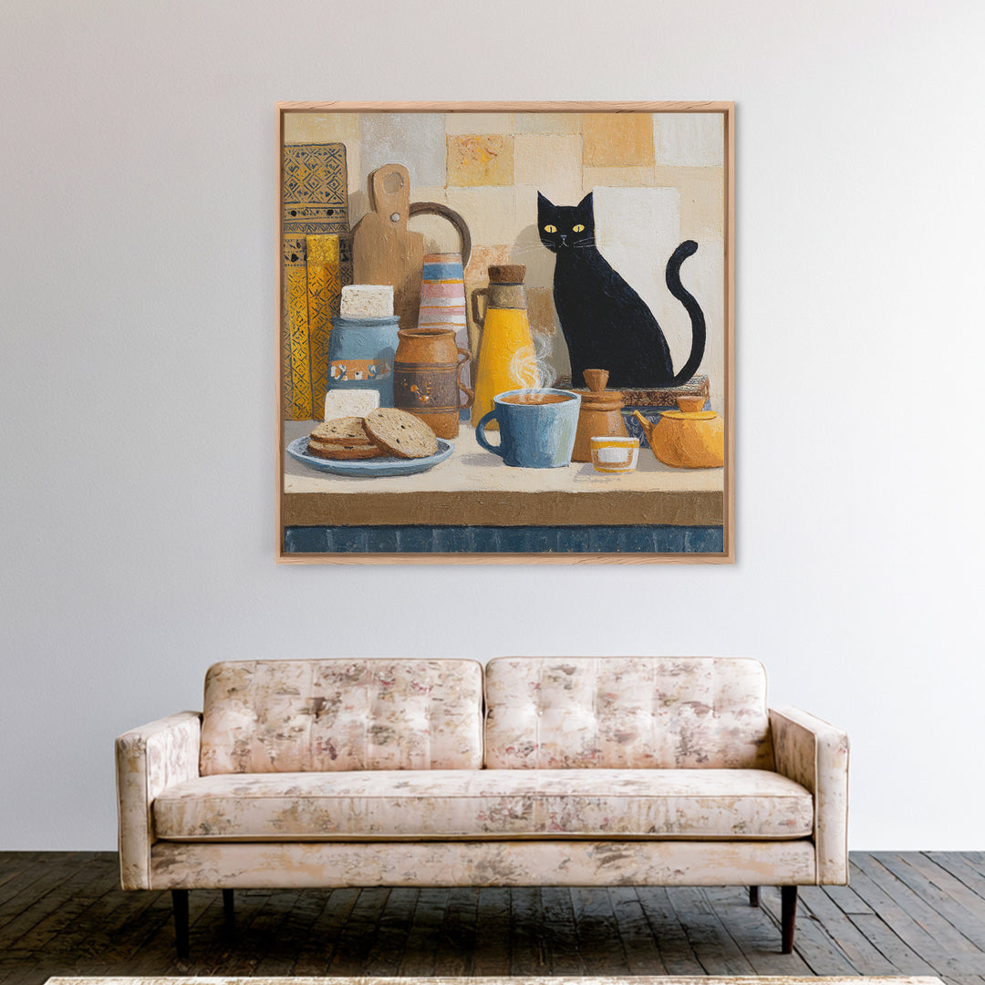 Black Cat Beside a Steaming Cup Framed Canvas Print, Coffee Shop Art, Gallery Decor, Cafe Decor, Fine Art, Cafe, Wall Art, CSA-1x1-62