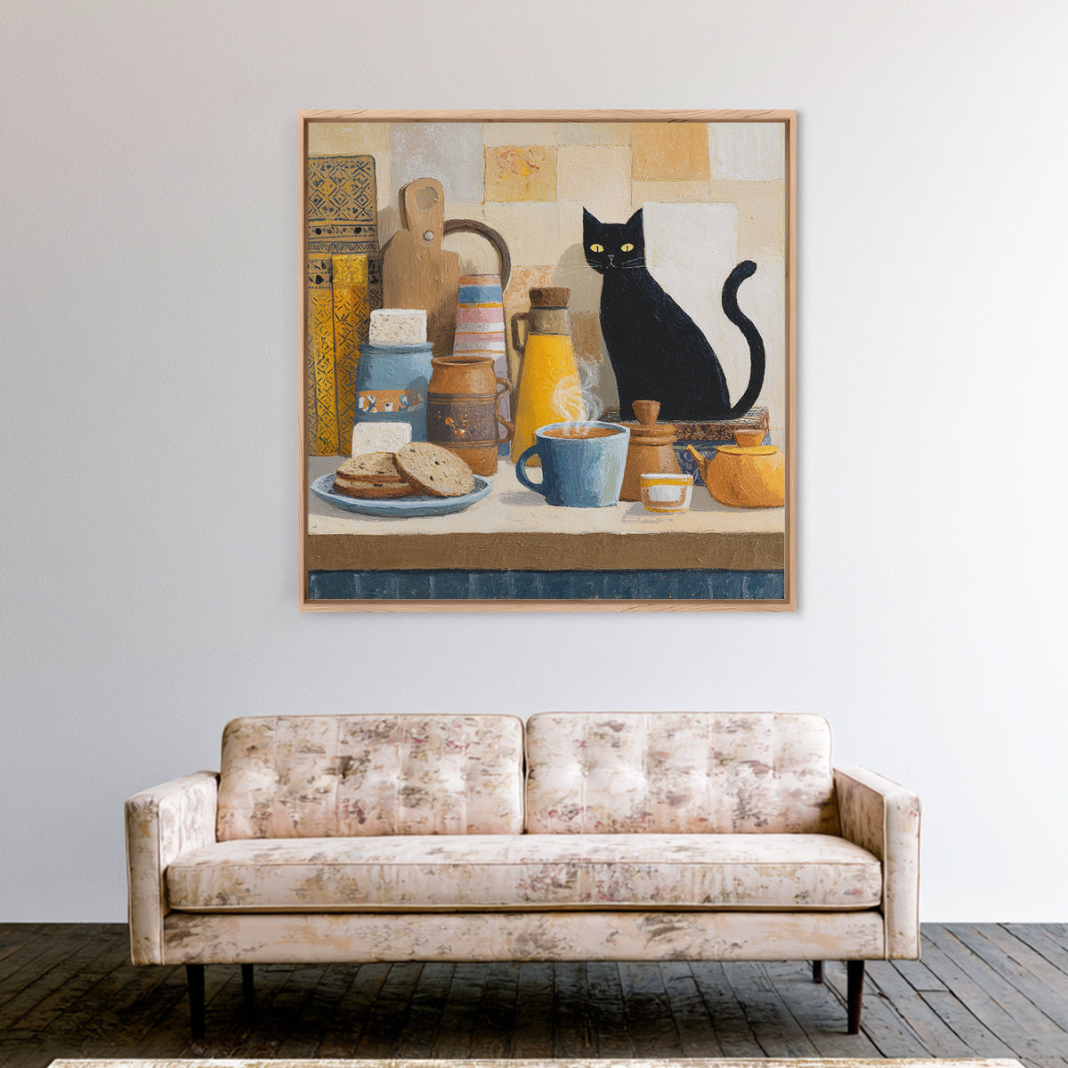 Black Cat Beside a Steaming Cup Framed Canvas Print, Coffee Shop Art, Gallery Decor, Cafe Decor, Fine Art, Cafe, Wall Art, CSA-1x1-62