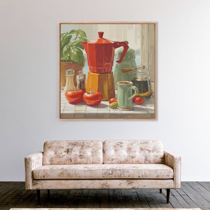Mid Century Coffee Pot Framed Canvas Print, Coffee Shop Art, Coffee Art, Cafe Decor, Fine Art, Cafe, Textured Painting, CSA-1x1-70