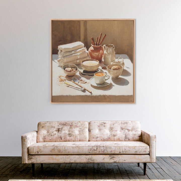 Cinnamon Sticks and Cappuccino Foam Still Life Framed Canvas Print, Coffee Shop Art, Minimalist Wall Art, Cafe Decor, CSA-1x1-72