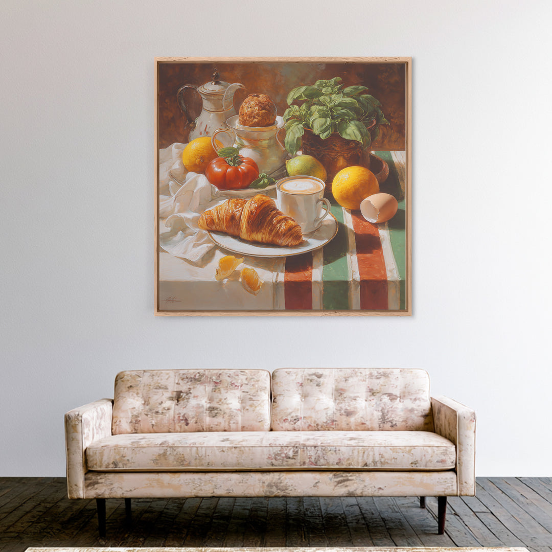 Croissant and Cappuccino on Striped Cloth Canvas Print, Coffee Shop Art, Wall Decor, Cafe Decor, Fine Art, Cafe, Kitchen Gift, CSA-1x1-77