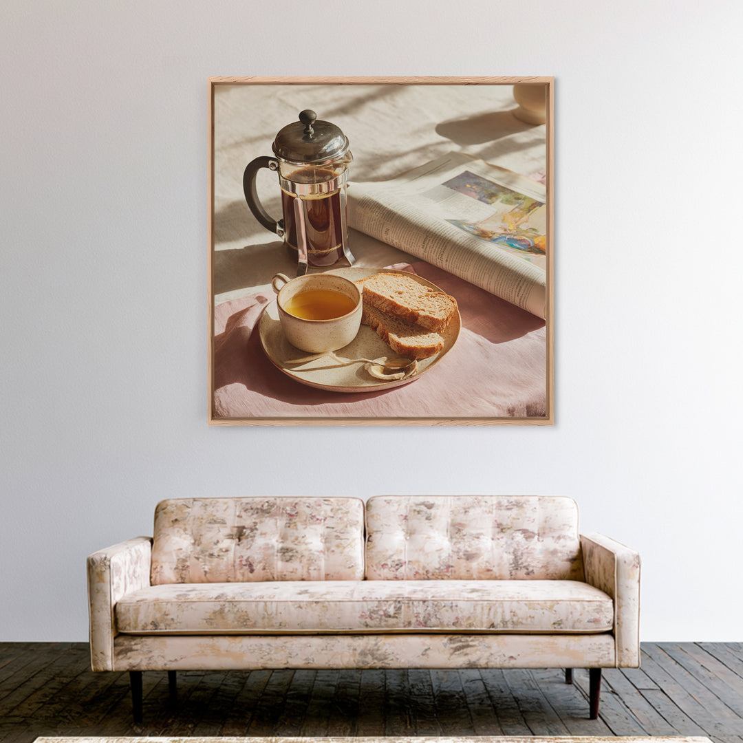 French Press and Morning Newspaper Without Readable Canvas Print, Coffee Shop Art, Boho Decor, Cafe Decor, Oil Painting, Cafe, CSA-1x1-82