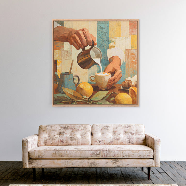 Barista Hands Pouring Milk into Espresso Framed Canvas Print, Coffee Shop Art, Wall Art, Cafe Decor, Oil Painting, Cafe, CSA-1x1-93