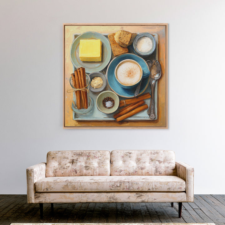 Cinnamon Sticks and Cappuccino Foam Still Life Framed Canvas Print, Coffee Shop Art, Printable Wall Art, Cafe Decor, Cafe, CSA-1x1-96
