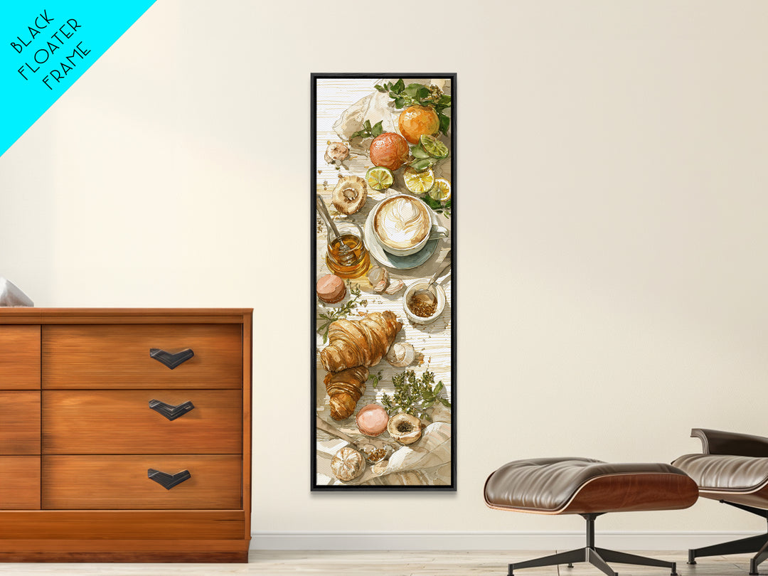 Croissant and Cappuccino on Striped Cloth Canvas Print, Coffee Shop Art, Wall Decor, Cafe Decor, Fine Art, Cafe, Kitchen Gift, CSA-1x3-17