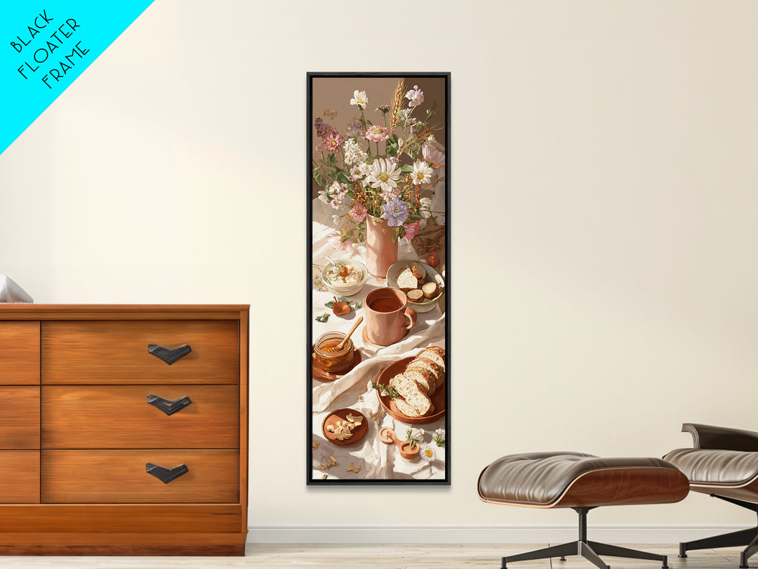 Ceramic Mug with Wildflowers Around It Framed Canvas Print, Coffee Shop Art, Minimalist Decor, Cafe Decor, Oil Painting, Cafe, CSA-1x3-4