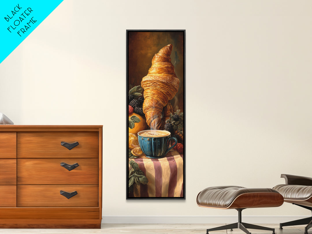 Croissant and Cappuccino on Striped Cloth Canvas Print, Coffee Shop Art, Moody Wall Art, Cafe Decor, Cafe, Luxury Decor, CSA-1x3-41